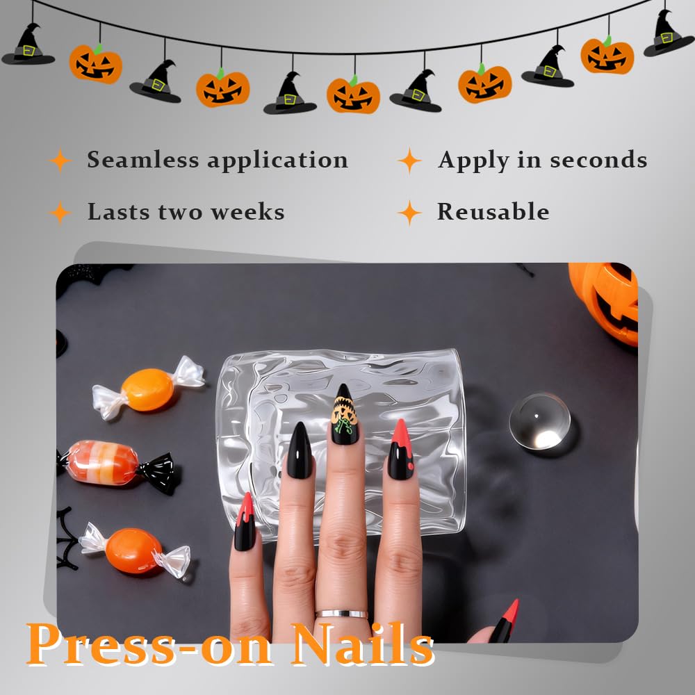 Halloween Press on Nails Medium Almond with Horror Design, Medium Almond Red Black Artificial Fake Nails with Ghost Pumpkin Designs, Perfectly Fit Soft Gel Full Cover Glossy Stick on Nail for Women