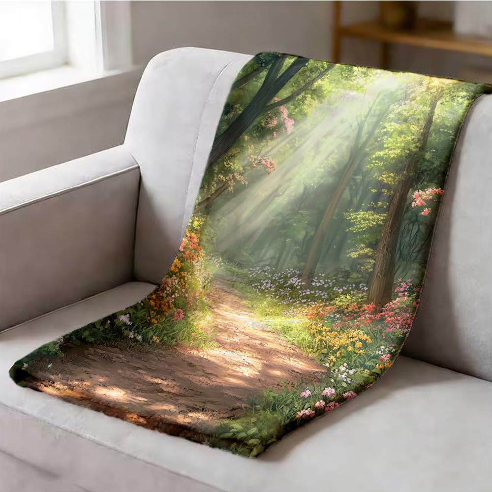 ZHOUSHUTONG Spring Landscape Flannel Throw Blanket, Soft Cozy Warm Blooming Flowers Print Plush Blankets for Couch Bed Sofa, Gift for Nature Lovers 49"x59"