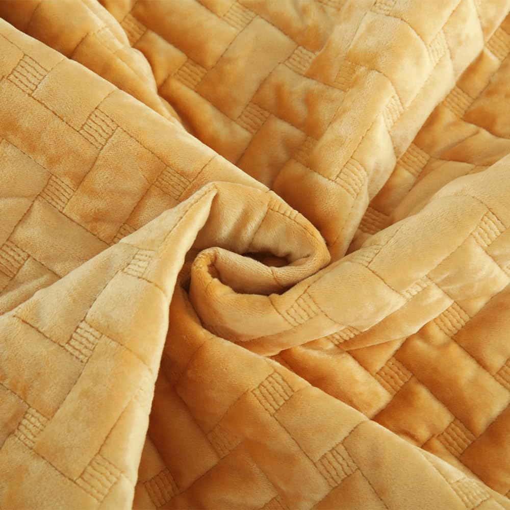 Liians Velvet Bedspread Quilt Bedding Sets,Luxury Elegant Ultra Soft Velvet Comforters Coverlet Blankets,Weave Stitching Pattern Cotton Quilted Bedspread for All Seasons,Yellow,King Size