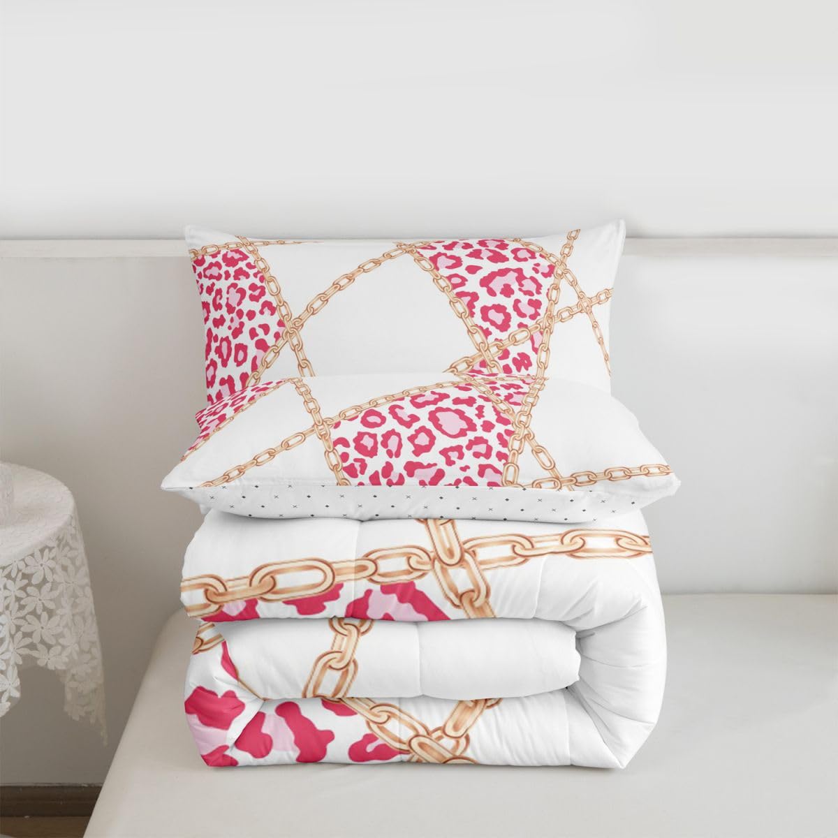 jejeloiu Leopard Comforter Set Queen Size Iron Chain Print Bedding Set for Kids Boys Girls Cheetah Cow Fur Duvet Quilt Animal Print Bedroom Decor Microfiber 3 Pcs with 2 Pillow Cases