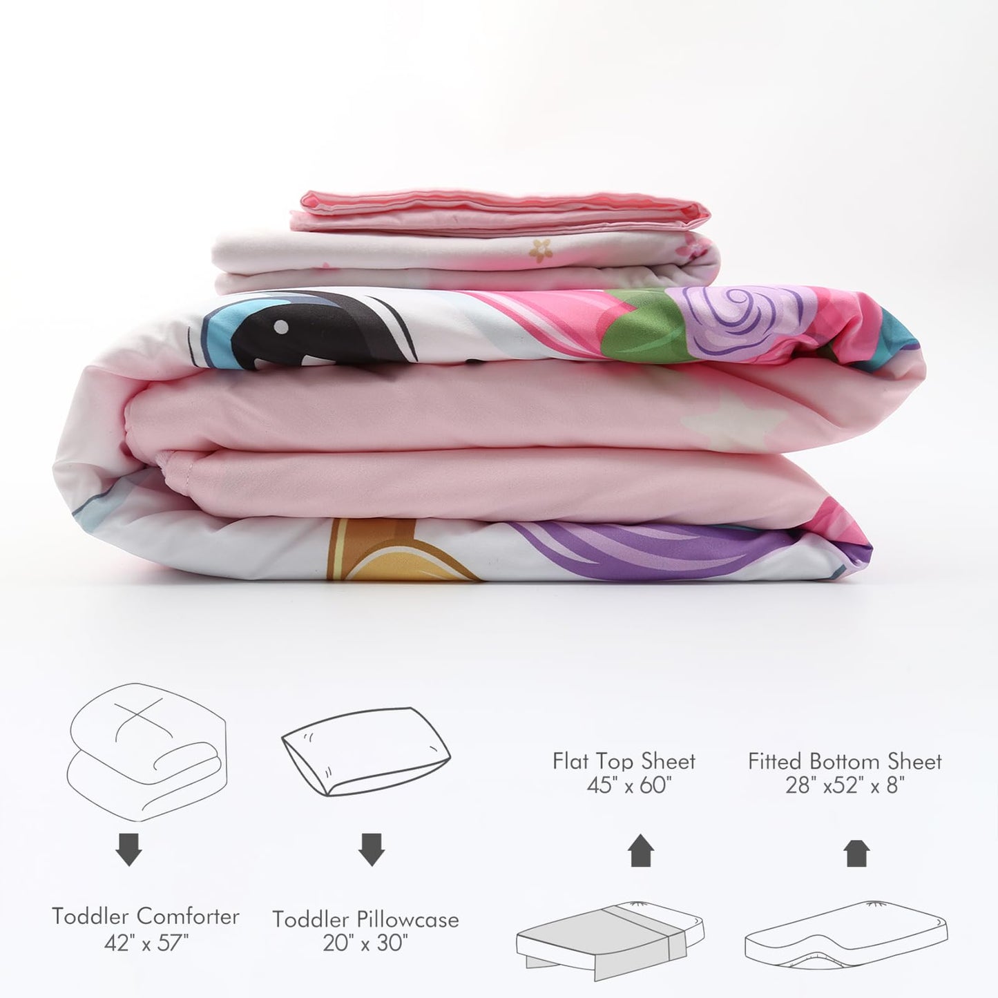 Dormlony 4 Piece Toddler Bedding Set - Ultra Soft Breathable Toddler Bedding Set for Girls, Includes Quilted Comforter, Flat Sheet, Fitted Sheet and Pillowcase(Unicorn)