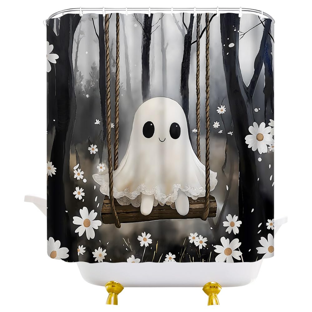 YOZSLGU Cute Ghost Shower Curtain Black Grey Misty Forest Gothic Spooky Fabric Bathroom Decor Curtains with Hooks, 70" Wx70 H