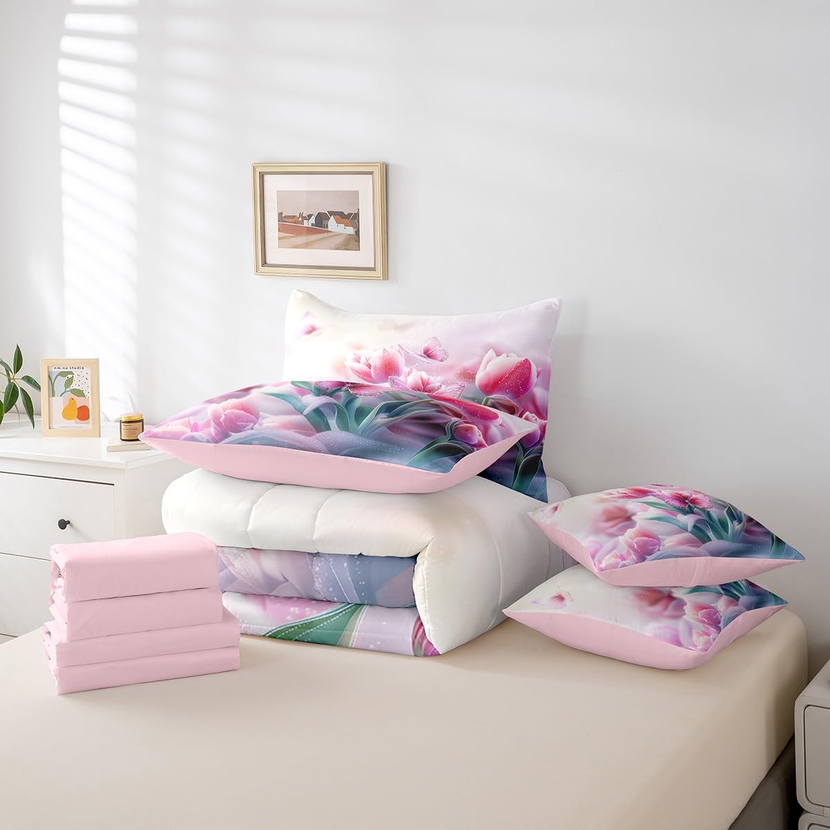 Feelyou Kids Floral Flower 7 Pieces Bedding Set Queen Size, Valentine's Day Bed in A Bag Romantic Comforter Set with Sheets Boys Girls Butterfly Teens Bed Set Bedroom Decor 7Pcs