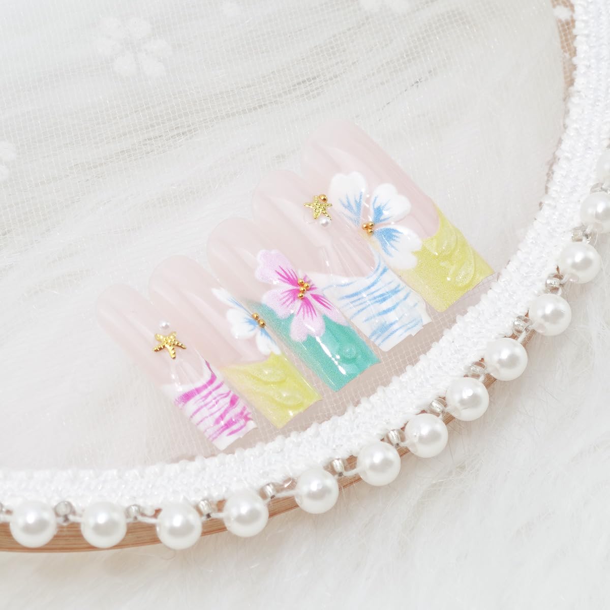 24Pcs Long Square Press on Nails Spring Floral Fake Nails with 3D Flower Starfish Pearl Rhinestones Designs Glitter Full Cover Nude Pink Glue on Nails Cute False Nails for Women Acrylic Manicure Decor