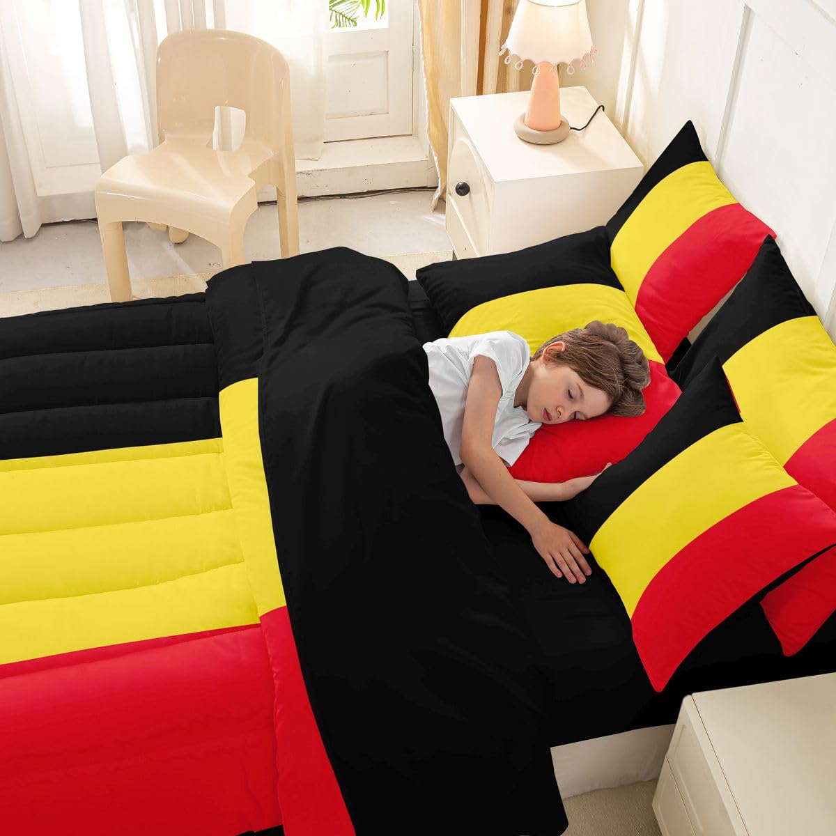 Feelyou Belgian Flag Comforter Set with Sheets 7 Piece King Size Belgium Bedding Set for Kids Boys Girls World Countries Bed in a Bag International Flag Room Decor Soft Lightweight Microfiber
