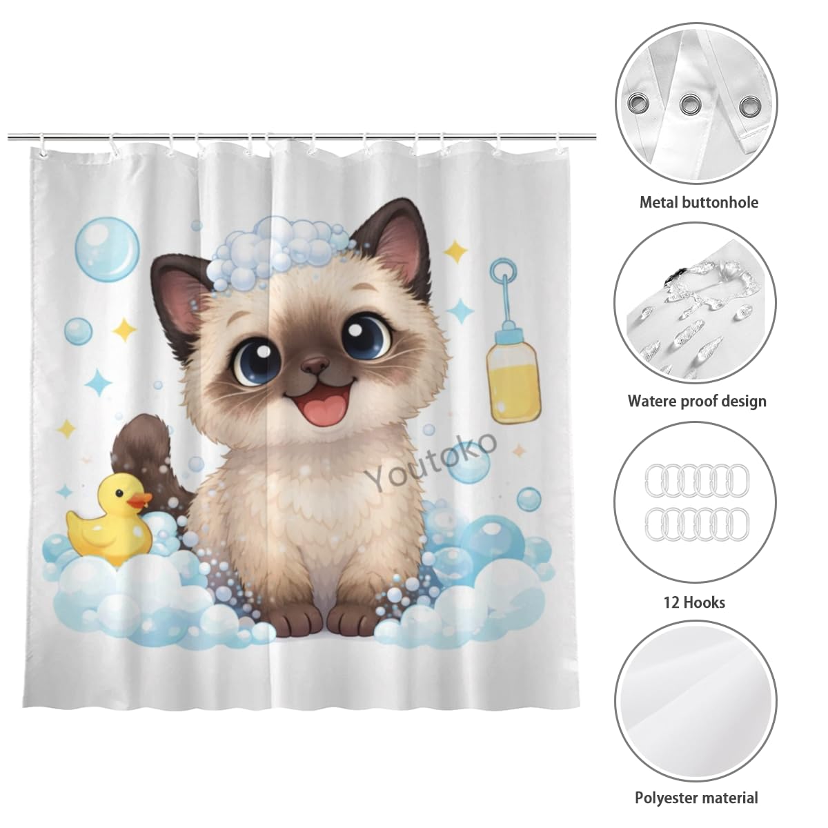 Youtoko Funny Siamese Cat Bathroom Decor Shower Curtain 72x72 Inch with 12 Hooks Cute Farm Animal Bubble Bath Rubber Duck Waterproof Washable Polyester