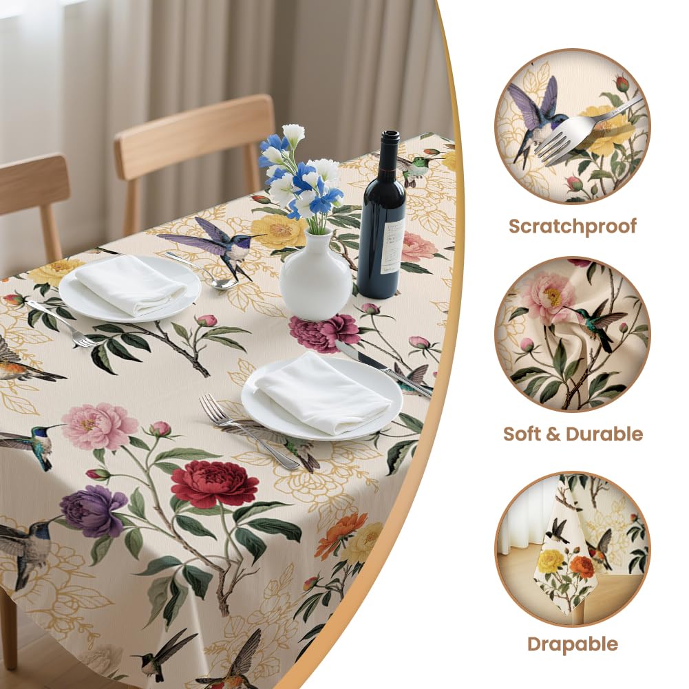 ANATTASOUL Hummingbird and Peony Rectangle Table Cloth Waterproof 6ft Fall Spring Summer Tablecloth, 84"x60" Stain Resistant and Wrinkle Free Table Cover for Dining Party Buffet Camping Wedding