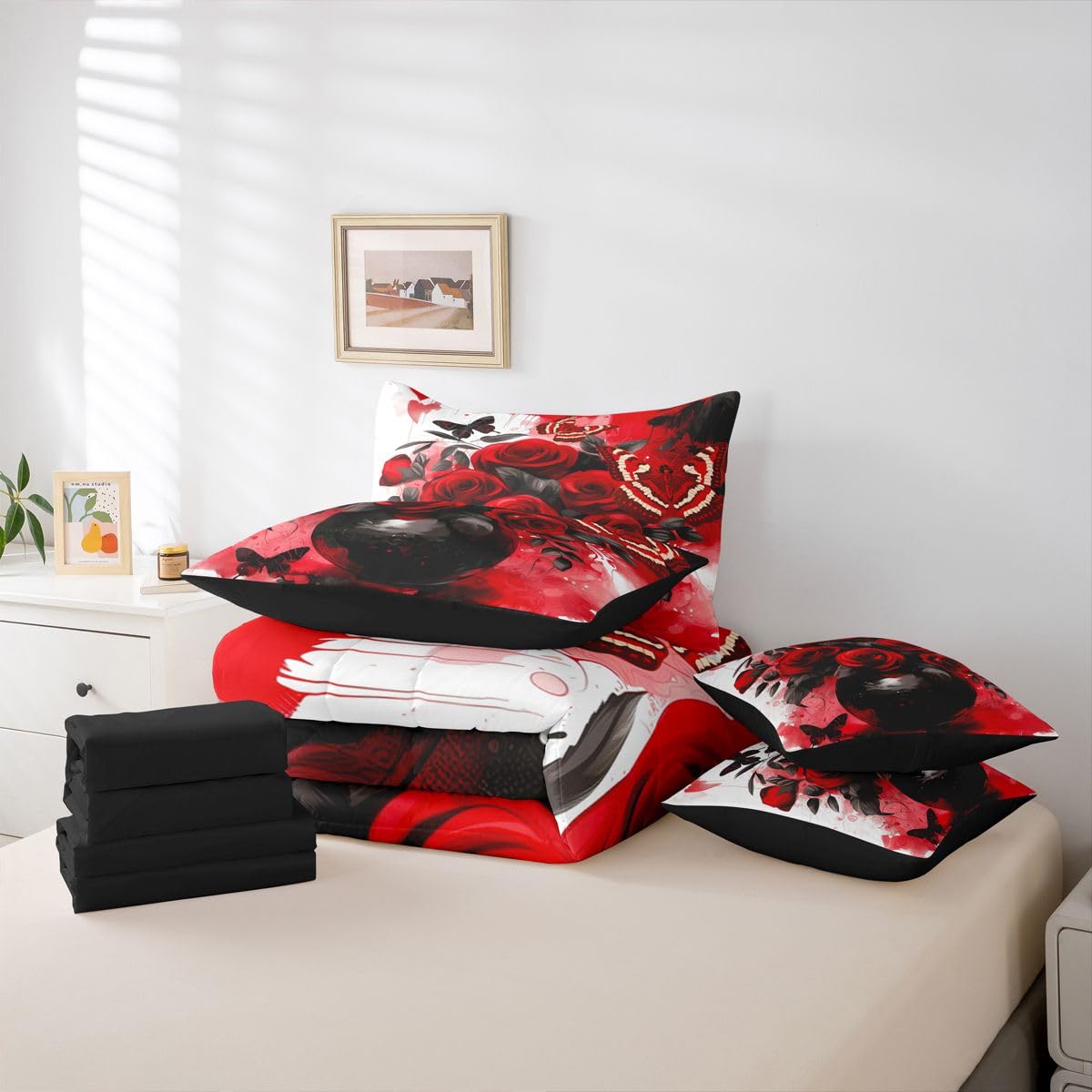 Erosebridal Red Rose Queen Comforter Set with Sheets 7 Piece Grey Retro Couple Rose Bed in A Bag Valentine Day Gift Bedding Sets for Women Men Adults,Romantic Floral Butterfly Bed Set