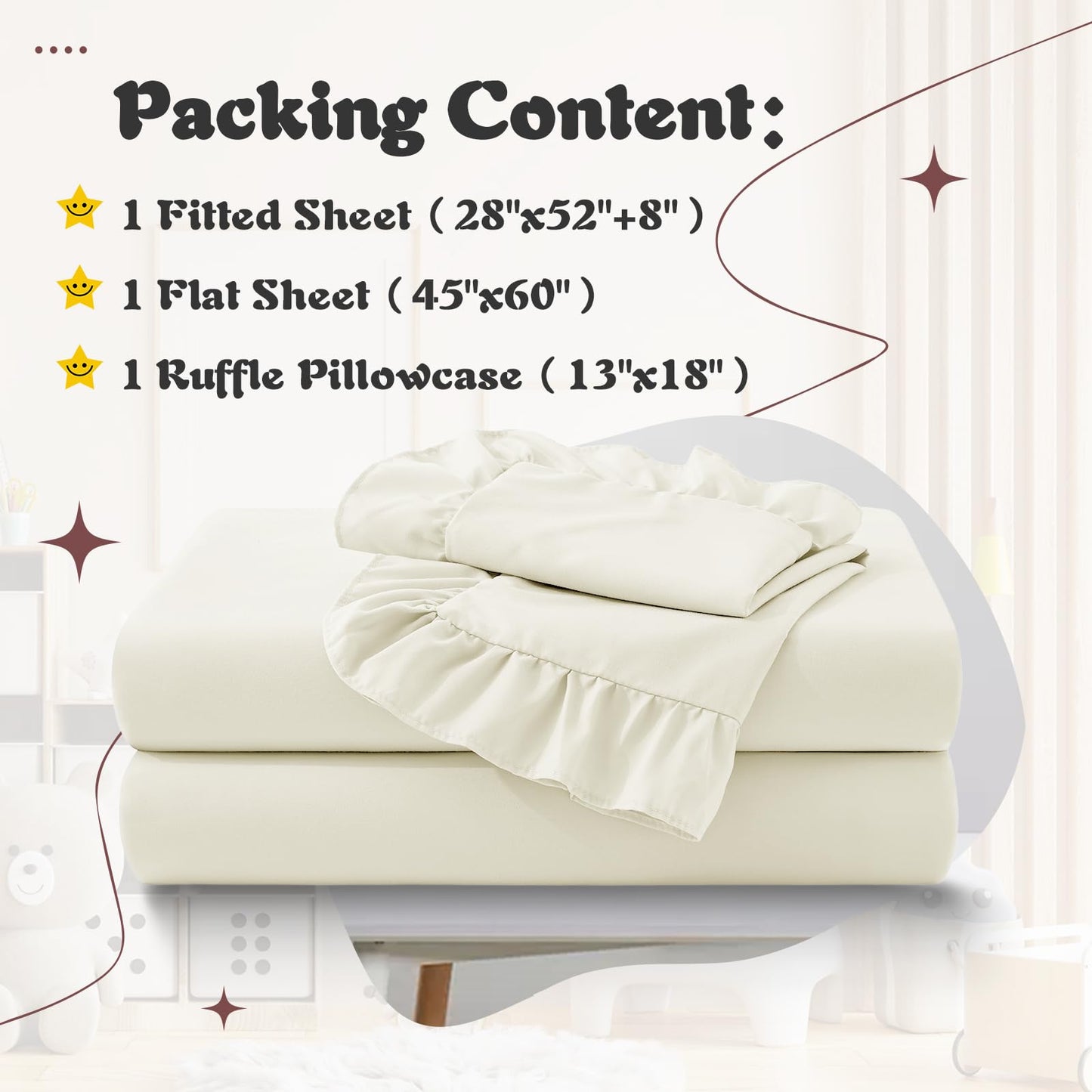 KKJIAF 3 Piece Toddler Sheet Set Microfiber, Includes a Flat Sheet, a Fitted Sheet and a Ruffle Pillowcase, Beige