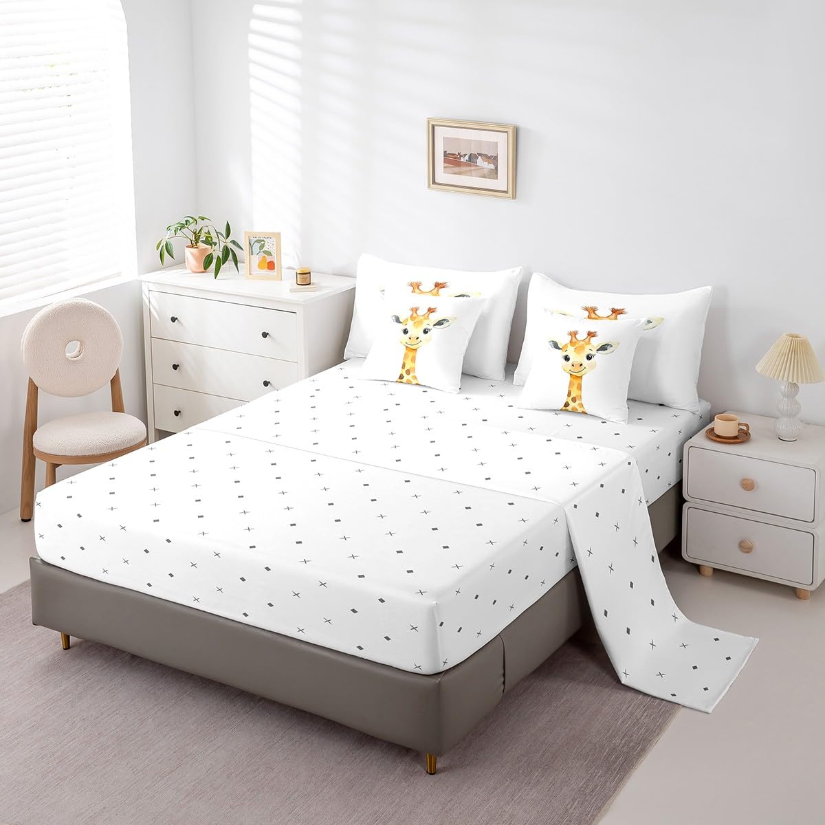 Erosebridal Kawaii Giraffe Twin Size Comforter Set with Sheets Kids | African Jungle Animal 7-Piece Bedding Set Tropical Forest Wildlife Pattern Bed in a Bag Cartoon Wild Safari Animal Bed Quilt Sets