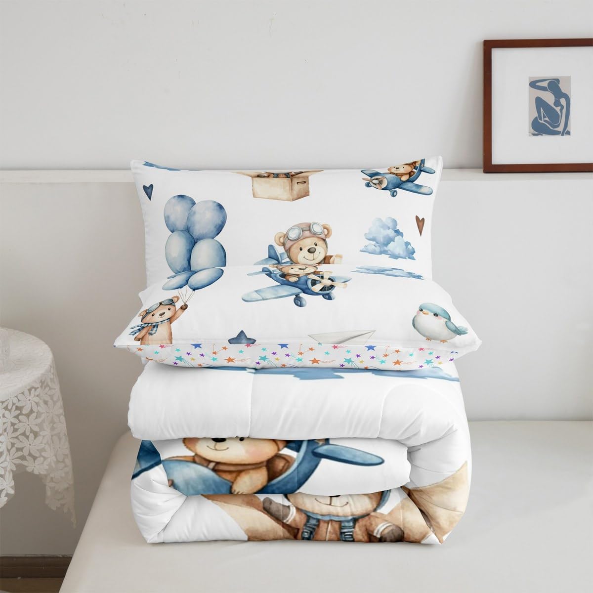 Erosebridal Cartoon Aircraft Full Bedding Set, Cute Bear Airplane Propeller Plane Comforter Set for Kids Boys Girls Adults Bedroom, Lovely Bird Animals Comforter, Balloon Star Cloud Quilt