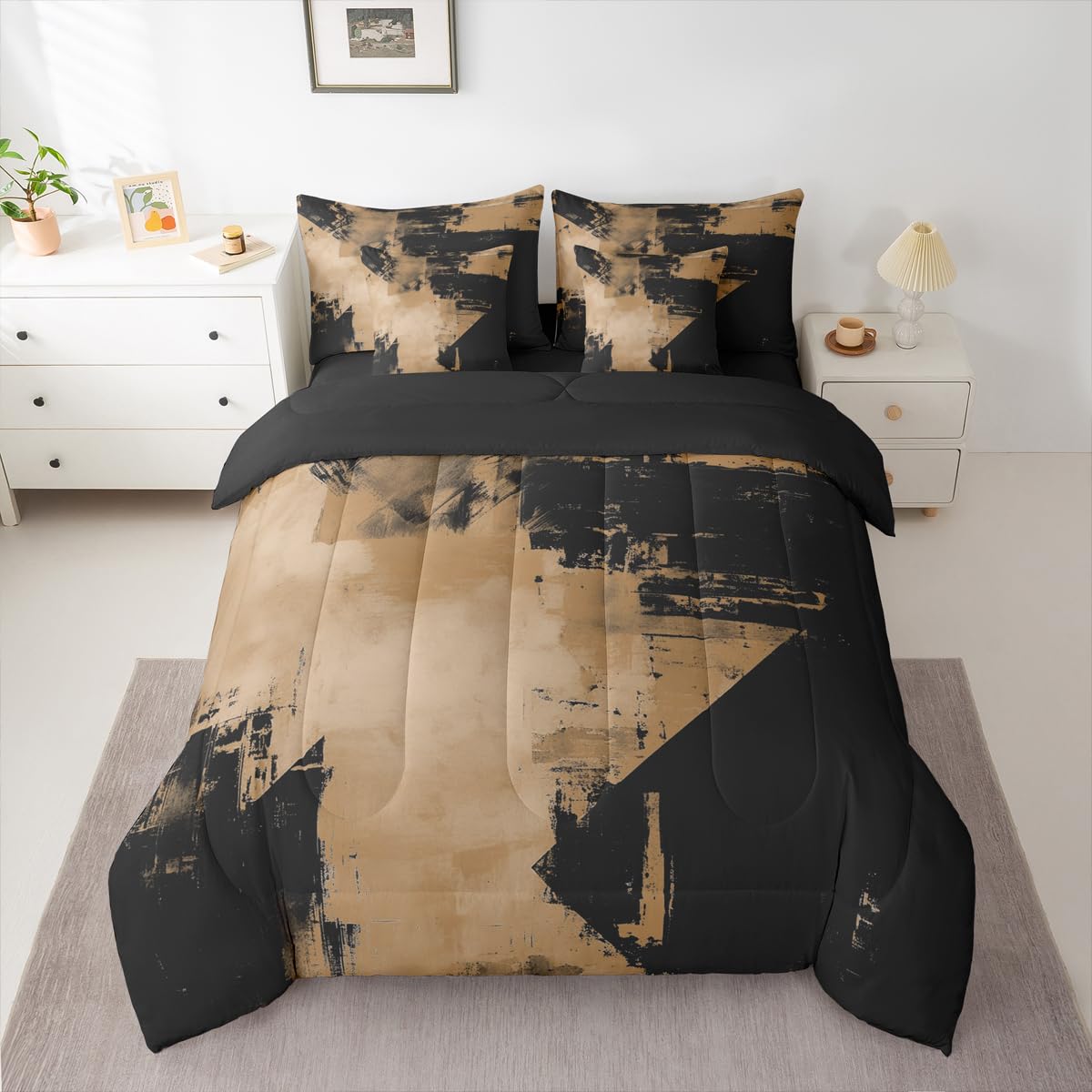 Feelyou Abstract Comforter Set King Size 7 Pieces Modern Abstract Art Bedding Set Luxury Bed in a Bag with Comforter, Sheets, Pillowcases, Cushion Covers Geometric Bedroom Decor Deep Brown