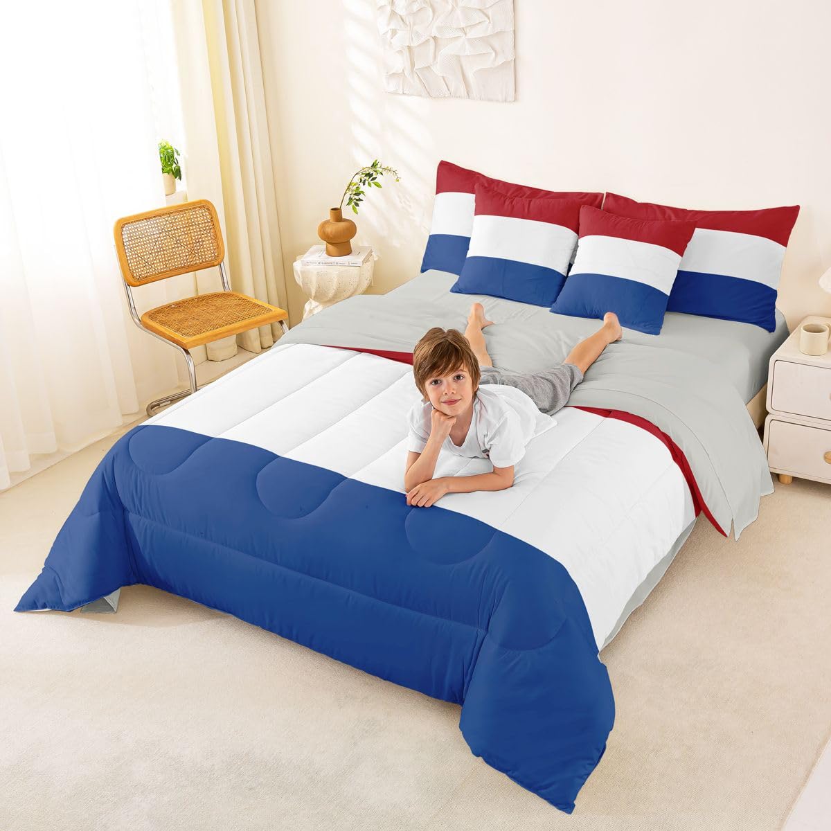 Feelyou Dutch Flag King Comforter Set with Sheets for Kids Boys Girls Netherlands 7 Pieces Bedding Set International Flag Bed in a Bag Soccer Sports Game Room Decor Soft Lightweight Microfiber