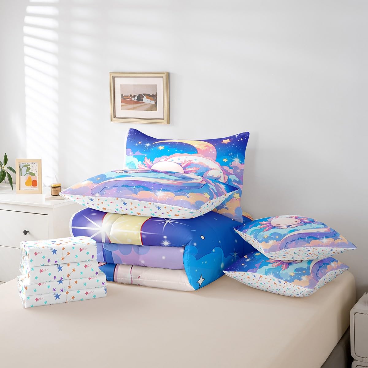 Feelyou Kids Cute Axolotl Bed in A Bag Twin Size, Galaxy 7 Pieces Bedding Set Boys Girls Cartoon Salamander Comforter Set with Sheets Kawaii Animal Teens Bed Set Bedroom Decor 7Pcs