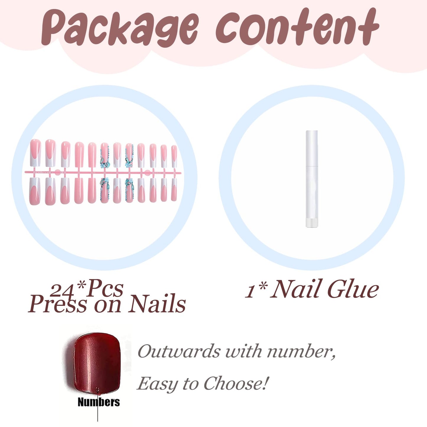 BABALAL Press on Nails Long Square Fake Nails Blue French Tip Glue ons Flower Rhinestone Charm Luxury Bling Supplies Art 24Pcs XL Glossy Full Cover Acrylic False Nails