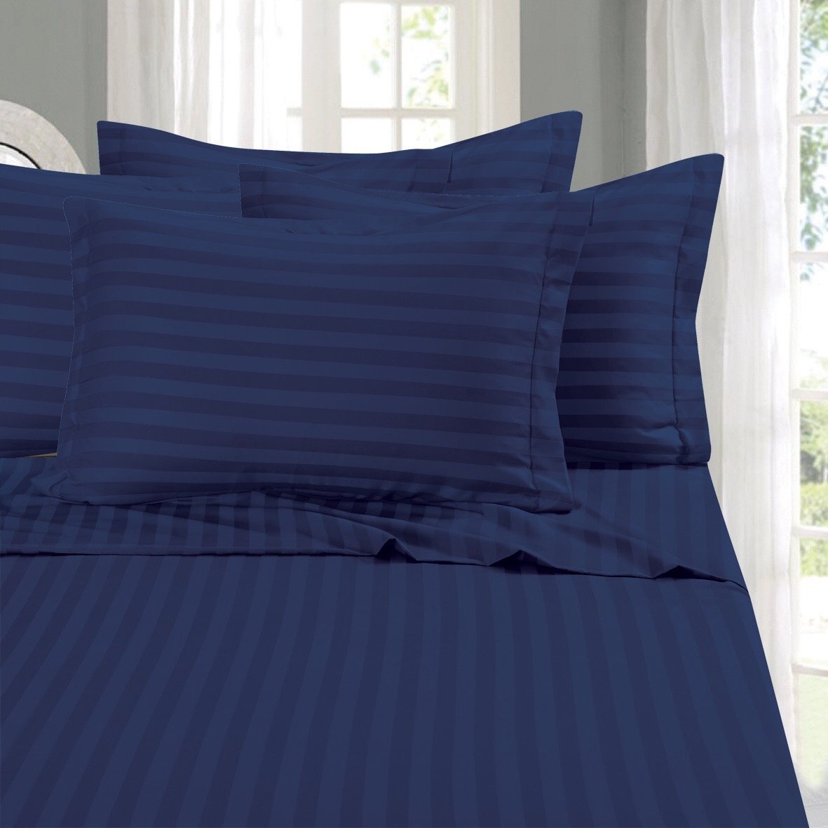 Elegant Comfort Best, Softest, Coziest Stripe Sheets Ever! 1500 Thread Count Egyptian Quality Luxury Silky-Soft Wrinkle & Fade Resistant 4-Piece Bed Sheet Set, Deep Pocket Up to 16" -Queen Navy Blue