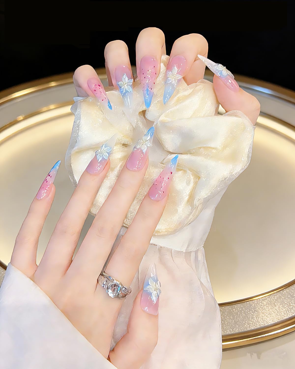 CAMILCY Luxury Handmade Press on Nails Pink Blue Gradient Stiletto nail Cherry Blossom Glitter Fake Nails with 3D White Flower Acrylic Glossy Reusable Elegant Artificial Nails for Women (A022, M)