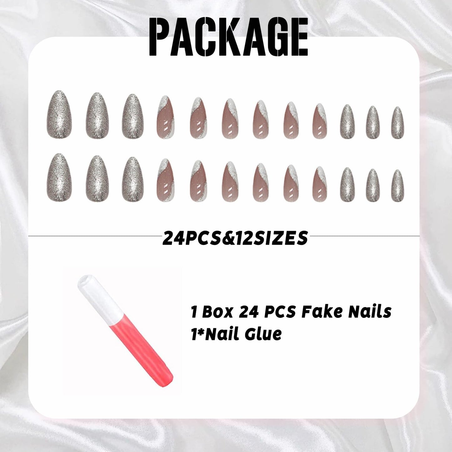 IMSOHOT Almond Press on Nails Glitter French Tips Fake Nails Silver Shiny Glossy Glue on Nails Full Cover Stiletto Acrylic False Nails for Women 24pcs