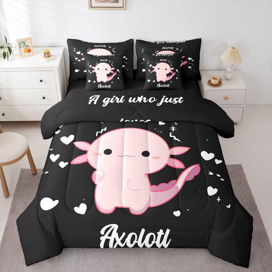 Erosebridal Love Heart 7 Piece Bedding Set King Axolotl Comforter Set with Sheets Cute Pink Salamander Girly Kawaii Bed in a Bag Axolotl Cartoon Animal Pattern for Kids Boys Girls