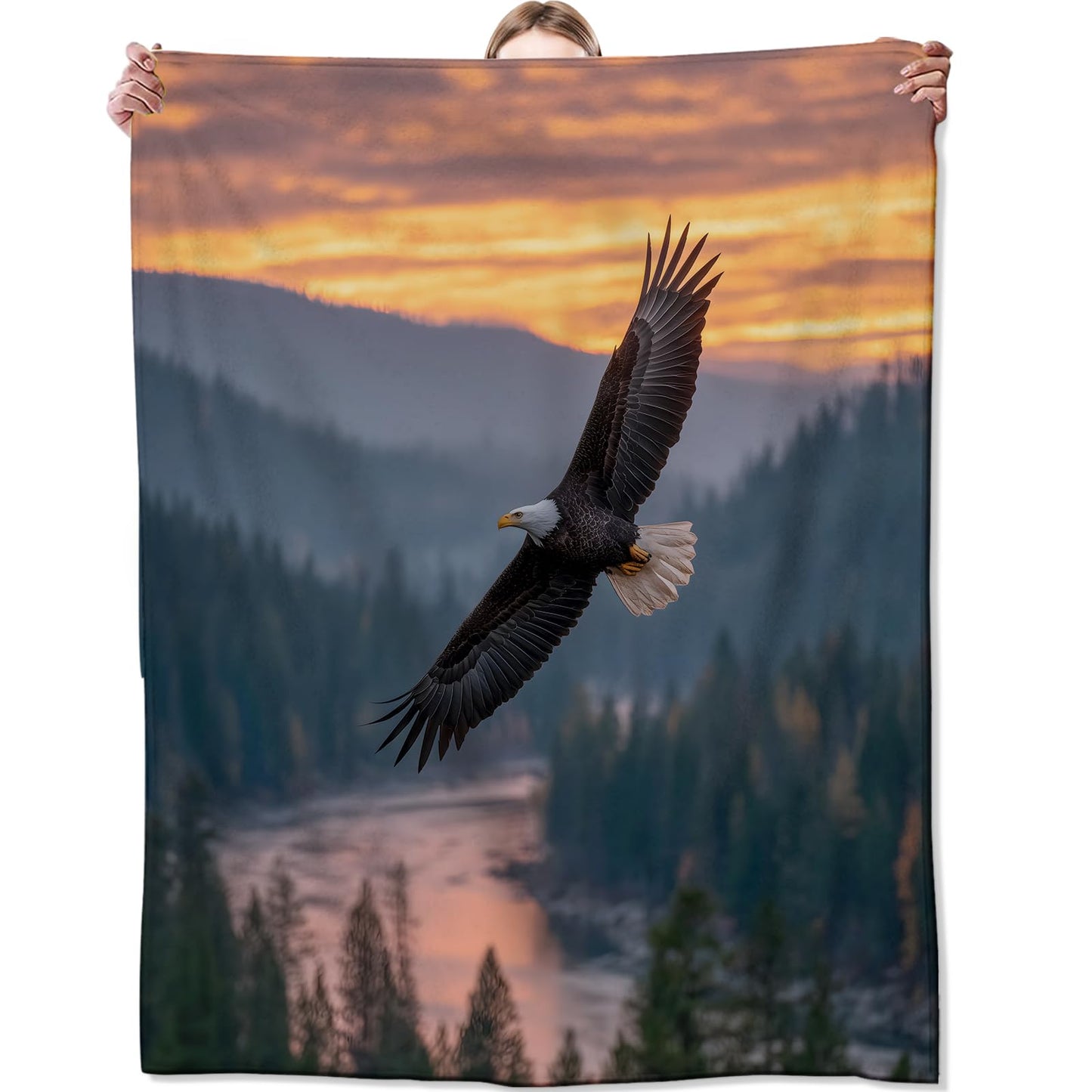 Zeleda Majestic Eagle Blanket 50x60 Inch Realistic Bird with Sunset and Forest Landscape Throw Soft Cozy Flannel Blankets Decorative Throws for Bed Cabin Picnic Thoughtful Gifts for Men Nature Lovers