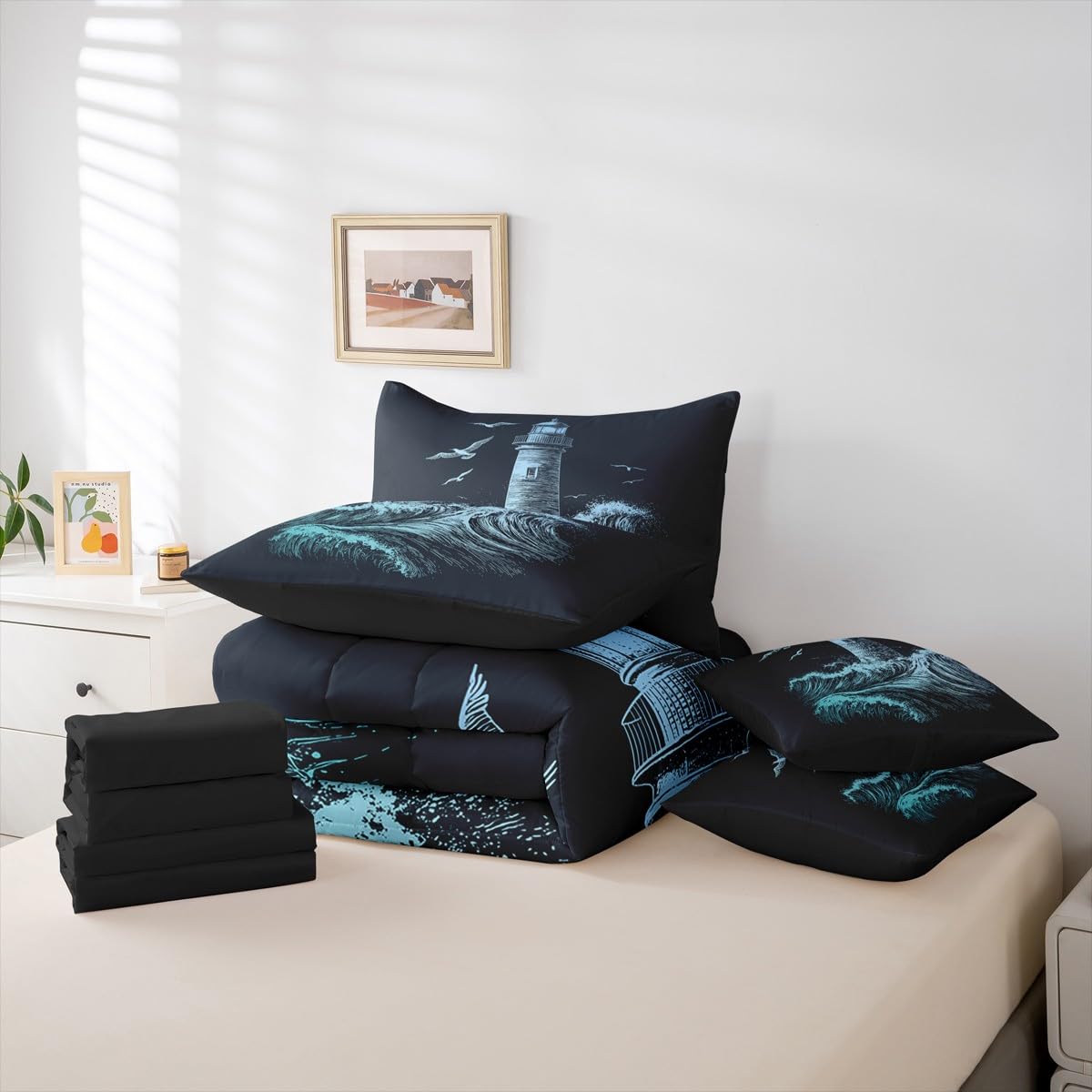 Erosebridal Boys Nautical Comforter Set Men Lighthouse Bed in A Bag King Size 7 Pieces Ocean Wave Bed Set Surfing Coastal Bedding