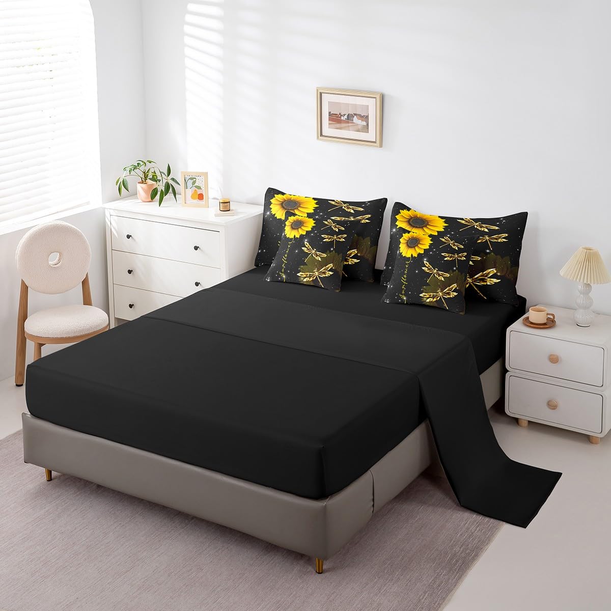Erosebridal Sunflower 7 Piece Comforter Set Full Bed in a Bag,Gold Dragonfly Bedding Sets Glitter Starry Sky Galaxy Comforter and Sheet Set,Sunny Flower Rustic Aesthetic Animal Room Decor