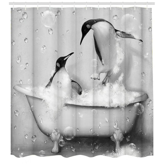 KREATIVE ARTS Funny Penguin Shower Curtain Cute Animal Takes Bath in Grey Bathtub with Bubbles Bathroom Curtain Fabric Shower Curtain Bathroom Accessories 12 Hooks 72x72