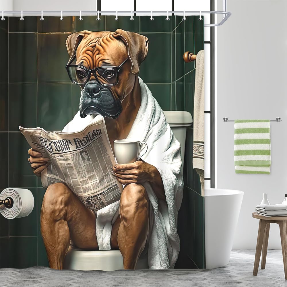 JAWO Funny Dog Bathroom Curtain, Cute Dogs Reading Newspaper on Toilet, Washable Cloth Kids Shower Curtain Set with 12 Hooks, 72X72