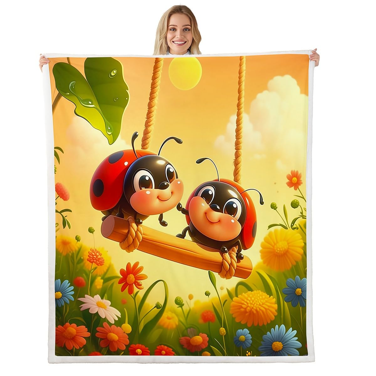 Erosebridal Spring Ladybugs Sherpa Blankets Cartoon Ladybird Reptile Throw Bed Blanket Cute Kawaii Beetles Print Fleece Blankets Spring Garden Flowers Flannel Blanket Throw 50"X60" For Kids Boys Girls