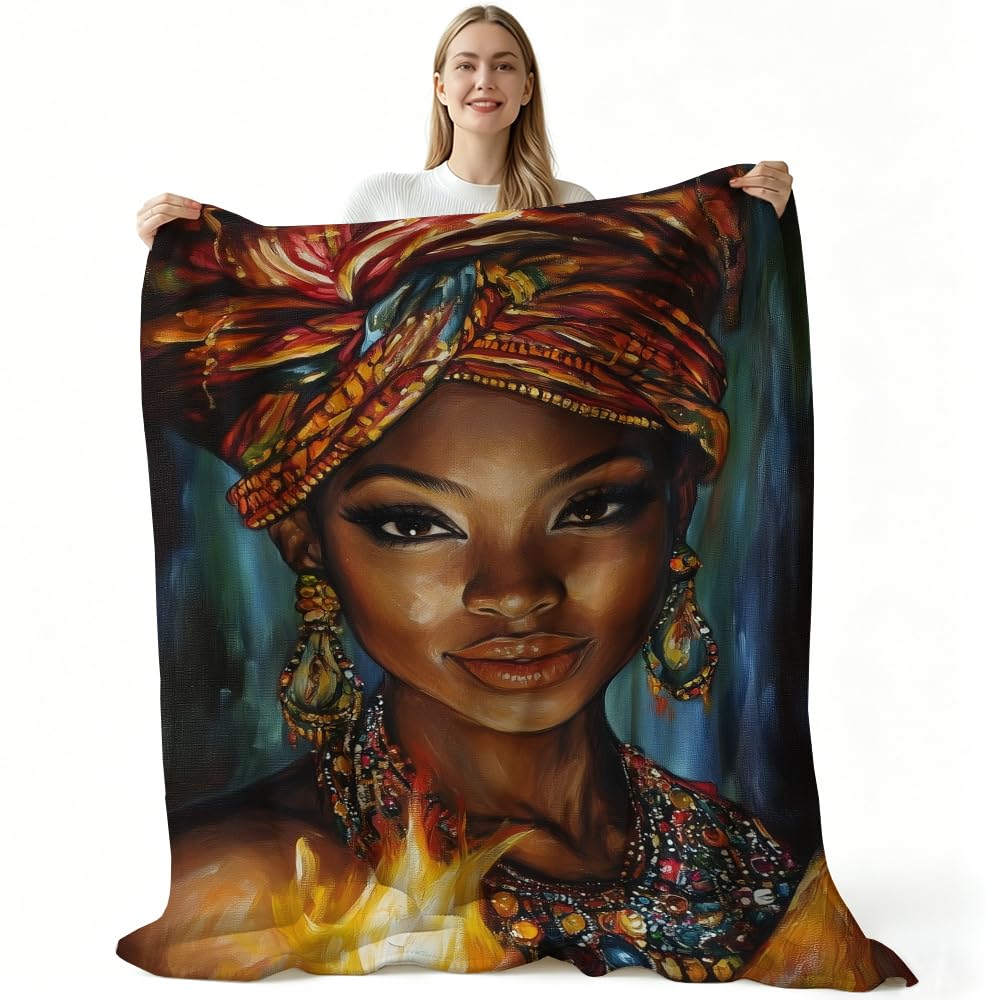 HUNXIAOJ African American Throw Blanket Black Girl Blanket African Gifts for Women Tribal Bedding Ethnic Decor Warm Soft Flannel for Sofa Couch (49in x 59in)