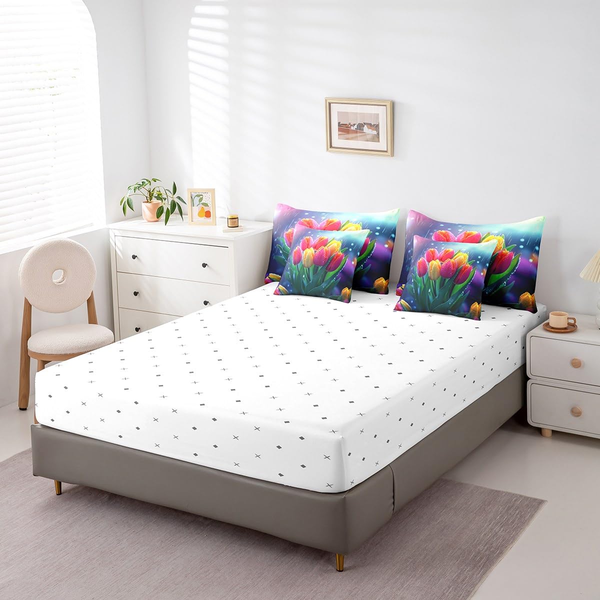 Erosebridal Tulips Bedding Set Spring Summer Flowers King Comforter Set 7 Piece for Kids Girls Teen Women,Rainy Floral Pink Yellow Tulips Bed in A Bag Pastel Plants Sheet Set with Comforter