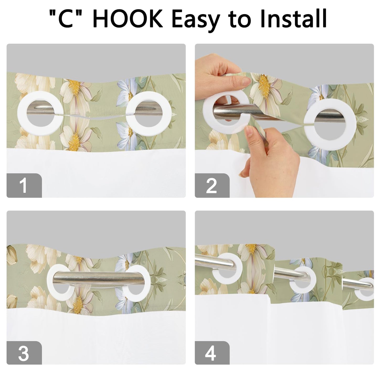 Xiazhilaio No Hook Floral Shower Curtain with Snap in Liner