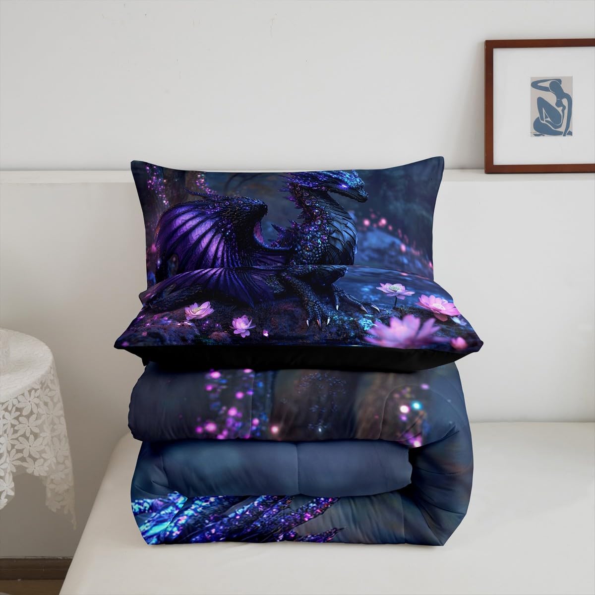 Feelyou Dragon Comforter Set Twin Size Dragon Stuff Comforter for Boys Girls Teens Wild Life Bedding Set Flower Duvet Set Room Decor Black Purple Quilt Set