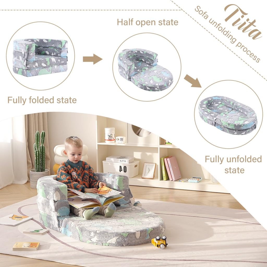Tiita 3-in-1 Kids Sofa Bed, Comfy Couch Plush Toddler Chair Bed, Convertible Toddler Travel Beds, Folding Kids Couch with Washable Cover Carrying Handle for Girls and Boys