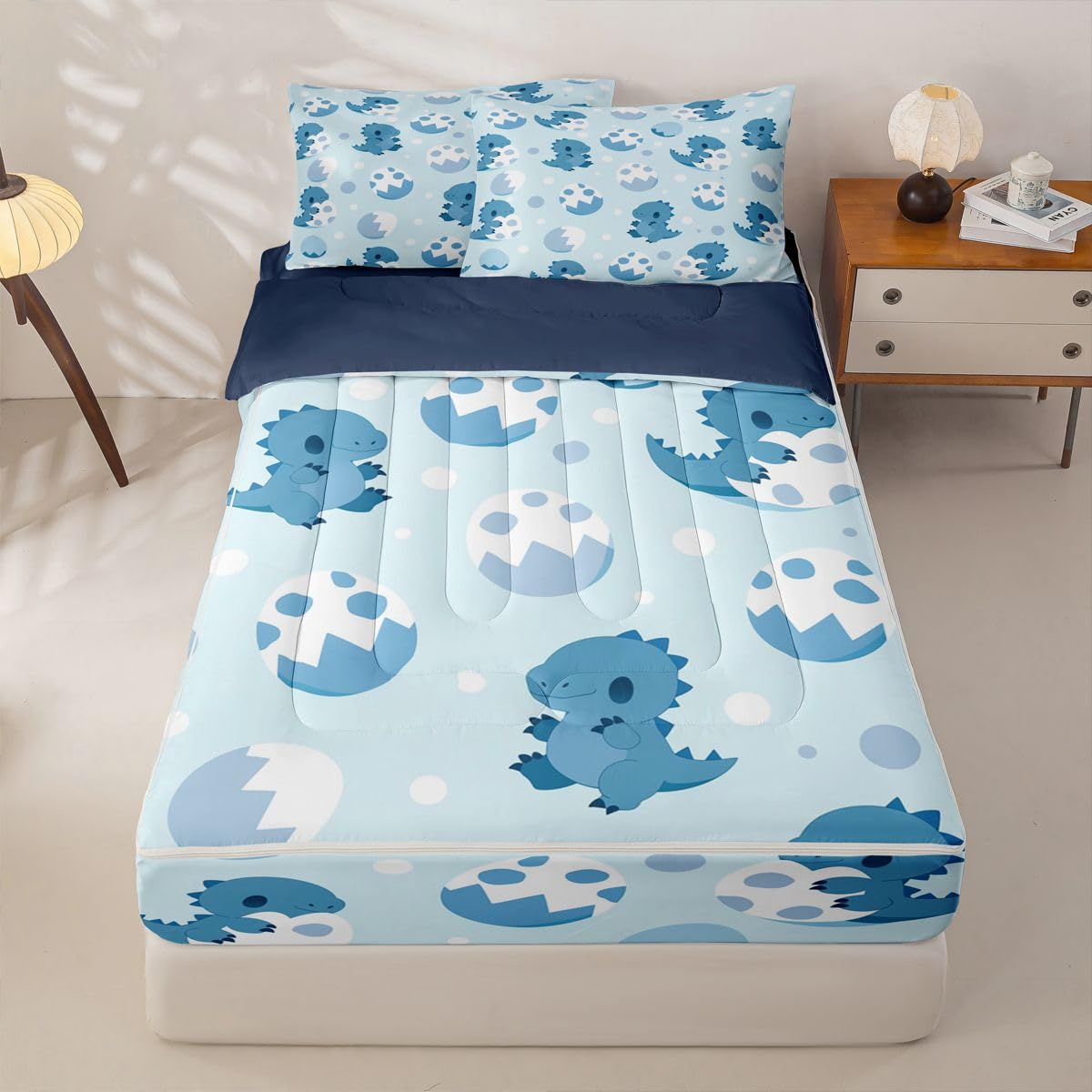 jejeloiu Boys Dinosaur Zipper Bedding for Kids Twin Size Blue White Dino Bed in a Bag with Sheets, Comforter, Pillowcases Dinosaur Pattern Comforter Set for Boys Girls Bedding Sets Durable