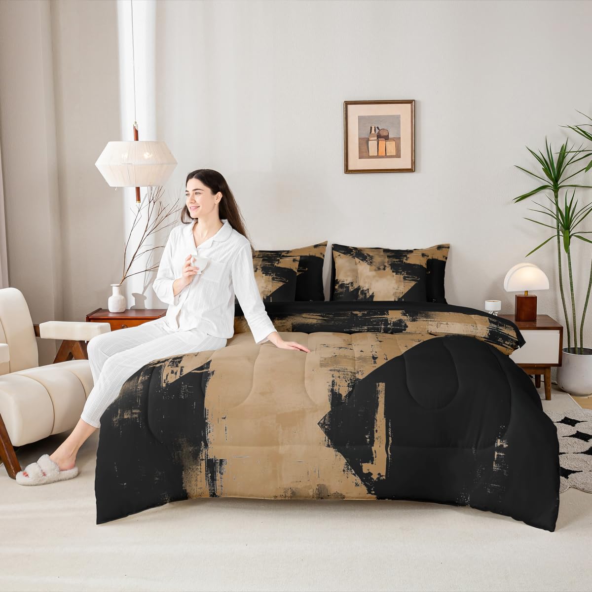 Feelyou Abstract Comforter Set King Size 7 Pieces Modern Abstract Art Bedding Set Luxury Bed in a Bag with Comforter, Sheets, Pillowcases, Cushion Covers Geometric Bedroom Decor Deep Brown