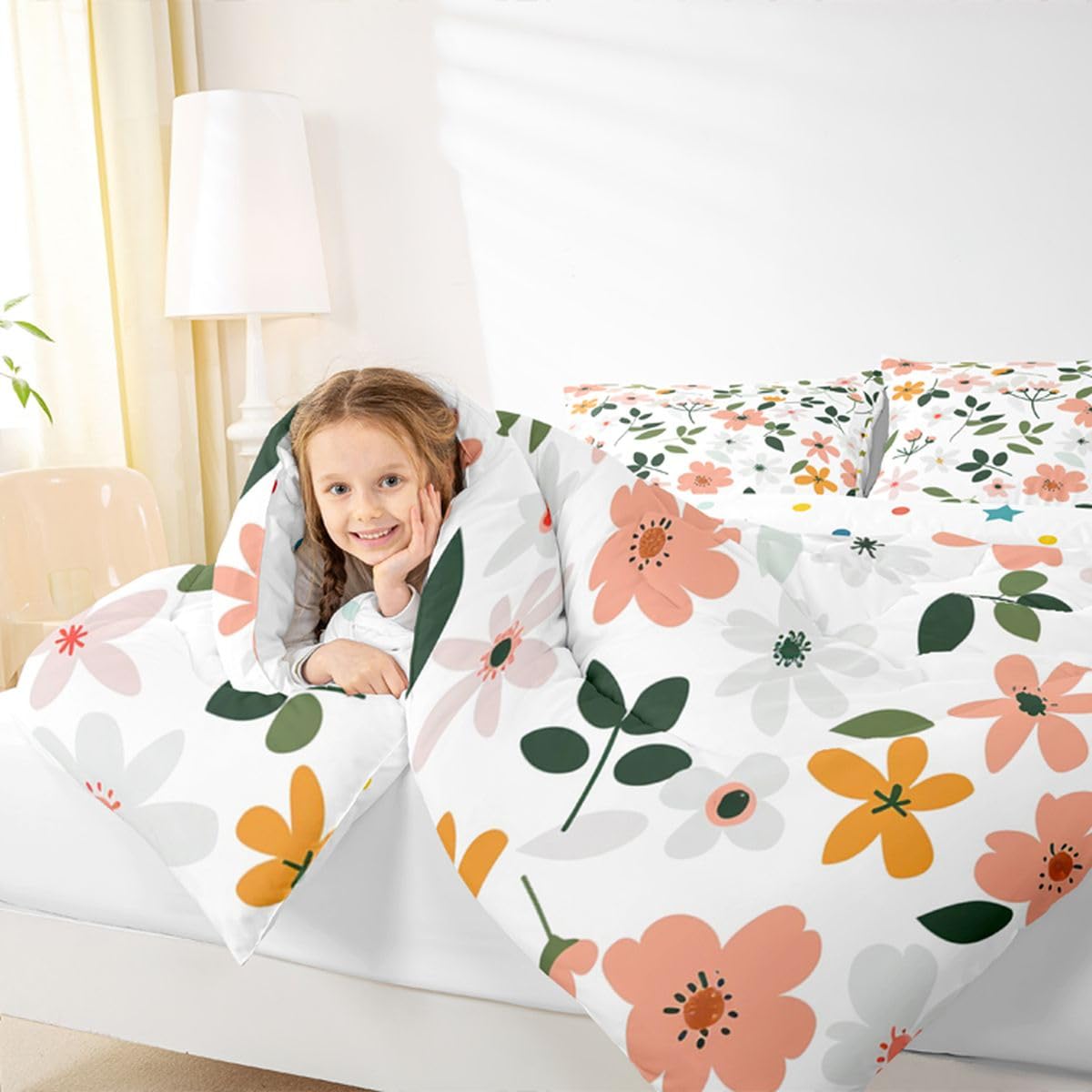Feelyou Cute Floral Kids Comforter Set Queen Size Cartoon Flower Bedding Set Plant Duvet Quilt for Kids Boys Girls Bedroom Natural Decor Microfiber Ultra Soft Breathable