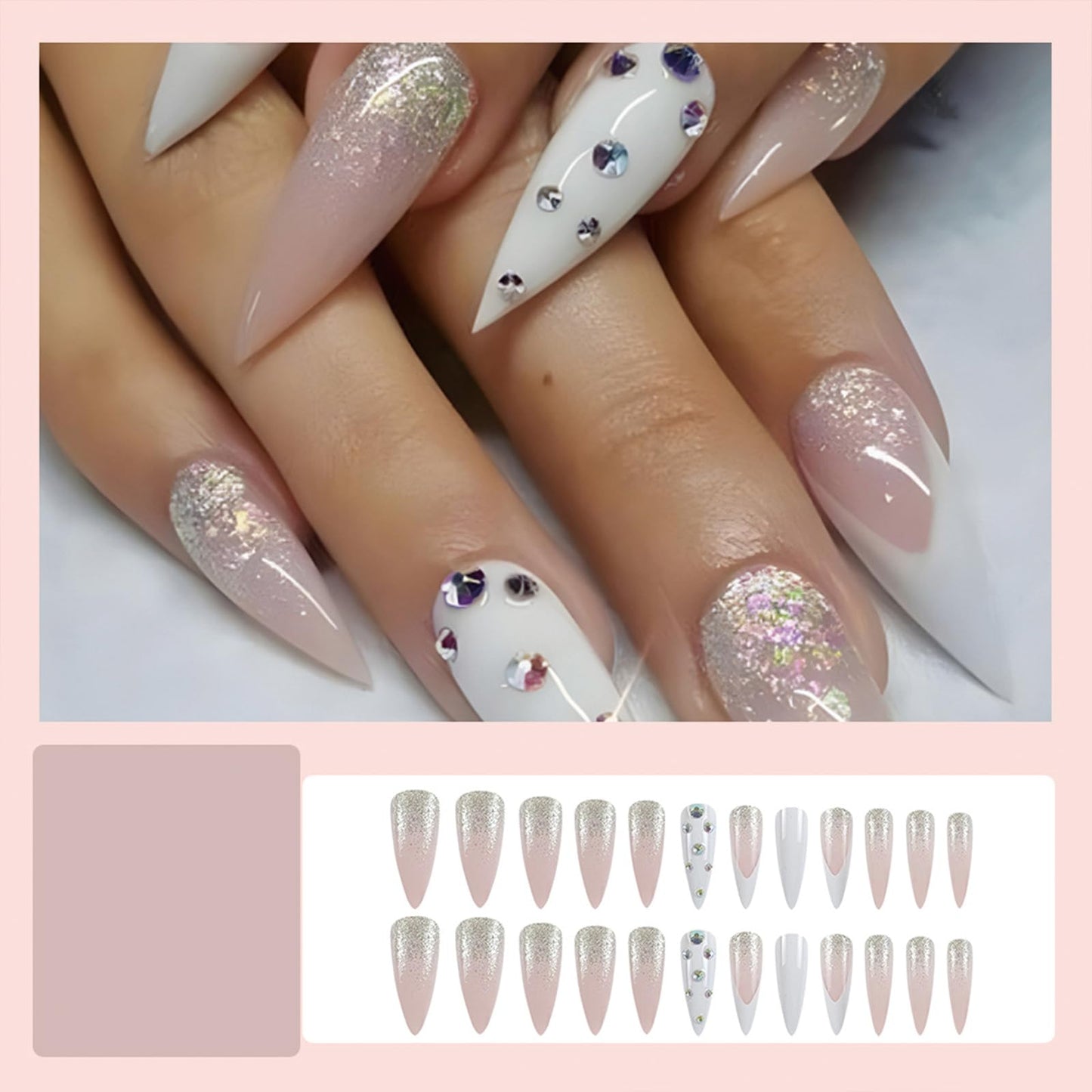 SINHOT Rhinestones Long Stiletto Fake Nails - Glossy Glue on White French Tip Acrylic Pink Almond Artificial Sparkly Glitter Stick on False Nails with Design 24 pcs