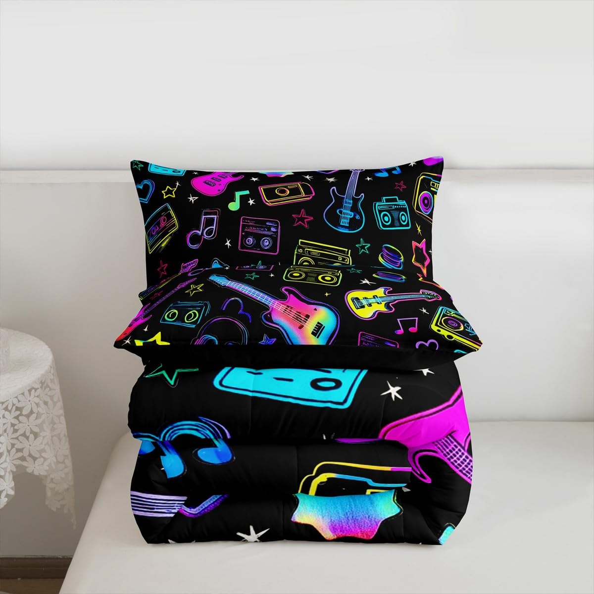 Erosebridal Music Theme Kids Comforter Sets Guitar Headphone Radio Queen Bedding Set for Boys Girls Rock Musical Instruments Comforter Set,Music Lovers Quilt Duvet 3 Pcs
