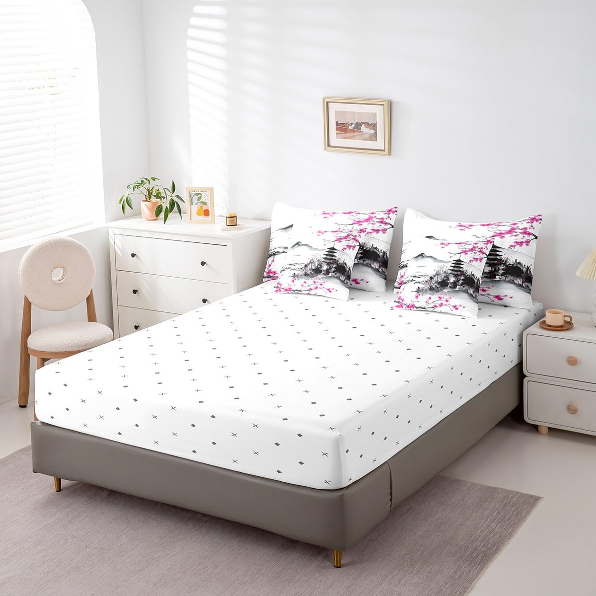 jejeloiu Japanese Comforter Set 7 Pieces Full Size Kids Cherry Flower Bed in a Bag for Boys Girls Ink Painting Bedding Set Traditional,Comforter + Sheets + Pillowcases + Cushion Covers