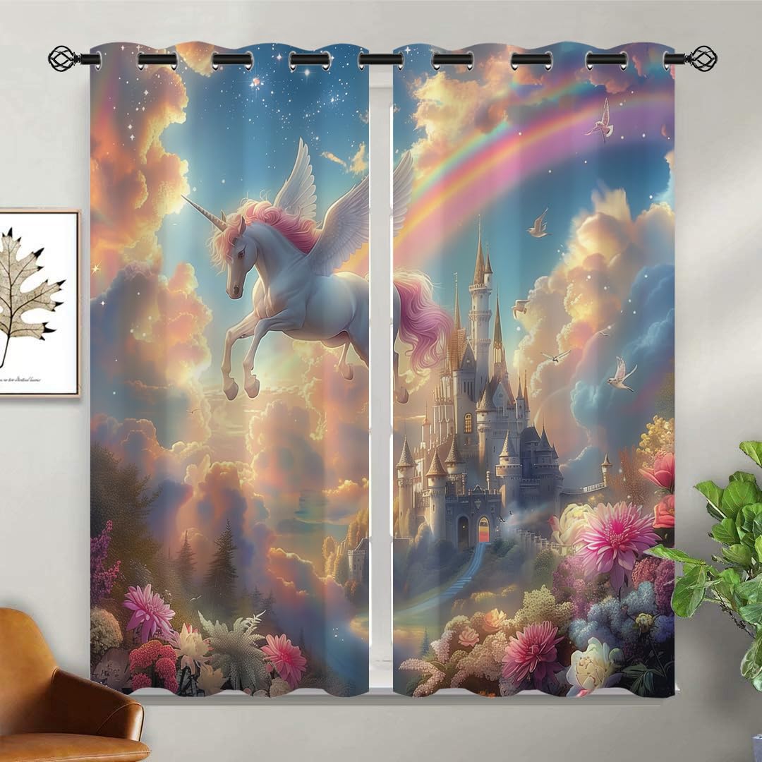 XINBADU Magic Castle Blackout Curtains for Girls Boy Home Decor, Unicorn Rainbow Fairy Tale World Grommet Thermal Insulated Drapes Darkening Window Curtain for Bedroom Living Room, 42 x 45 Inch