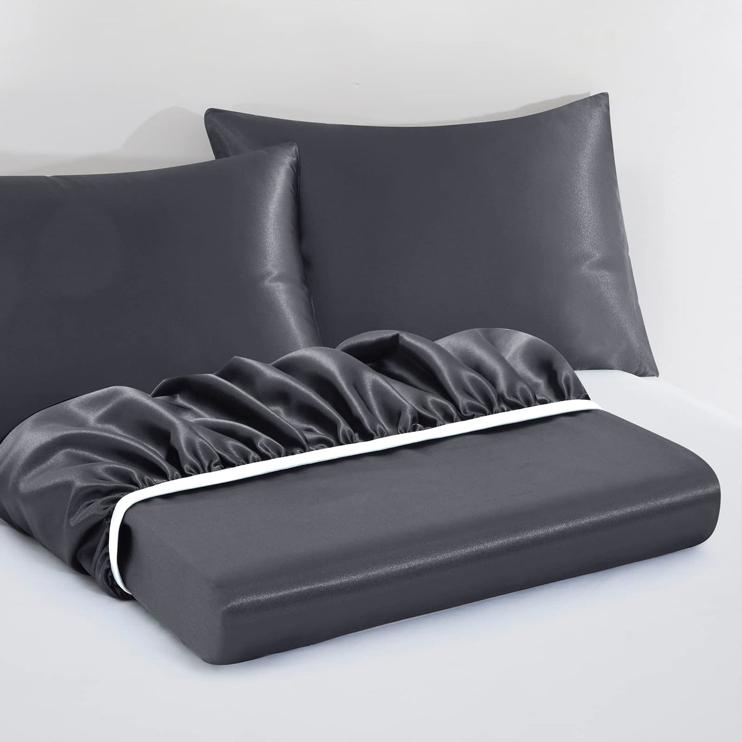 VACVELT 3pcs Extra Deep Pocket Satin Fitted Sheet Set King Bed Set, Grey Bottom Sheet Fit 18-24 Inch Deep Pocket Mattress, Silky Bedding Set Soft & Ultra Deep Fitted Sheet & 2 Pillowcase