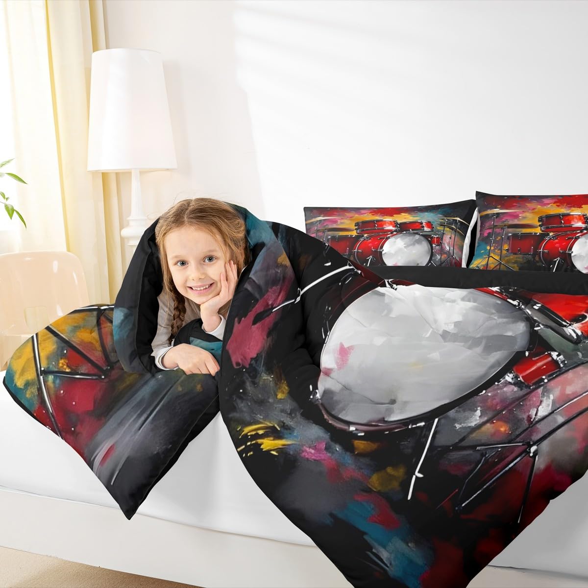 Erosebridal Drum Kit 3D Print Kids Comforter Sets Rock Music Themed Queen Bedding Set for Boys Girls Musical Pattern Comforter Set,Colorful Retro Style Quilt Duvet 3 Pcs