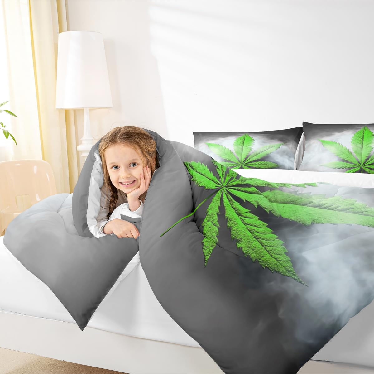 Erosebridal Leaves Comforter King Size, Leaf Bedding Set, Herb Botanical Grunge Duvet Set for Kid Teens Boys Teens, Grey Green