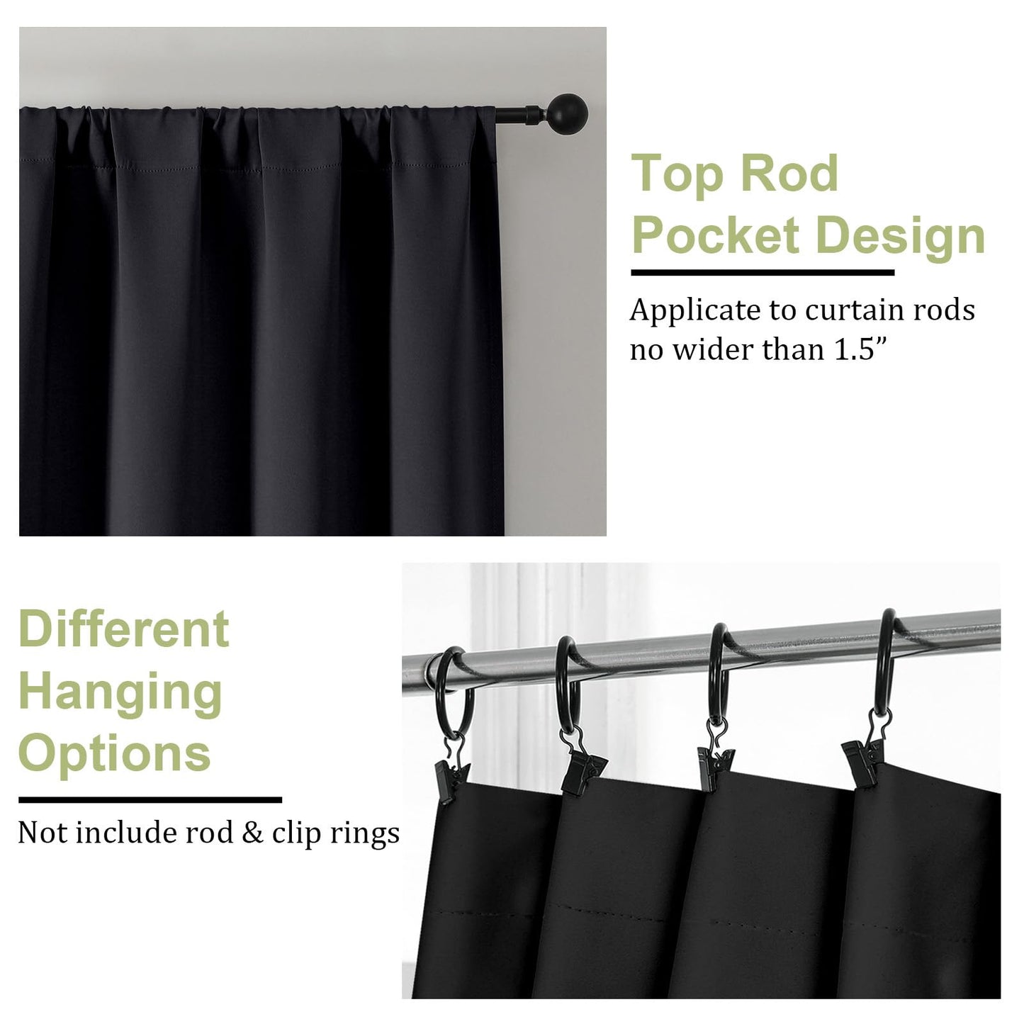 OWENIE Sally Blackout Curtains 84 Inches Long 2 Panels Set for Bedroom Living Room, Solid Thermal Insulated Privacy Room Darkening Window Treatment Drapes, 2 Pcs Each W40 x L84 Inch, Black