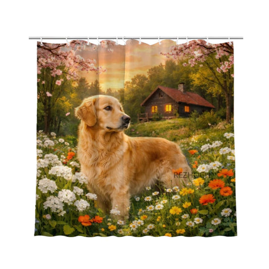 REZHOCH Funny Dog Shower Curtain 72x72Inch,Cute Golden Retriever Country Floral Home Bathroom Decor Animal Cottage Forest Cabin Farmhouse Rustic Fabric Bath Curtains Set with 12 Hooks