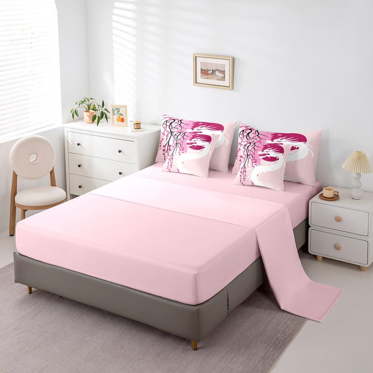 Erosebridal Japanese Ukiyo-E King Comforter Set 7 Piece Sakura Dragon Bedding Set Magical Wildlife Animal Bed in A Bag for Kids Boys Girls,Pink Watercolor Cherry Blossom Flowers Bed Set