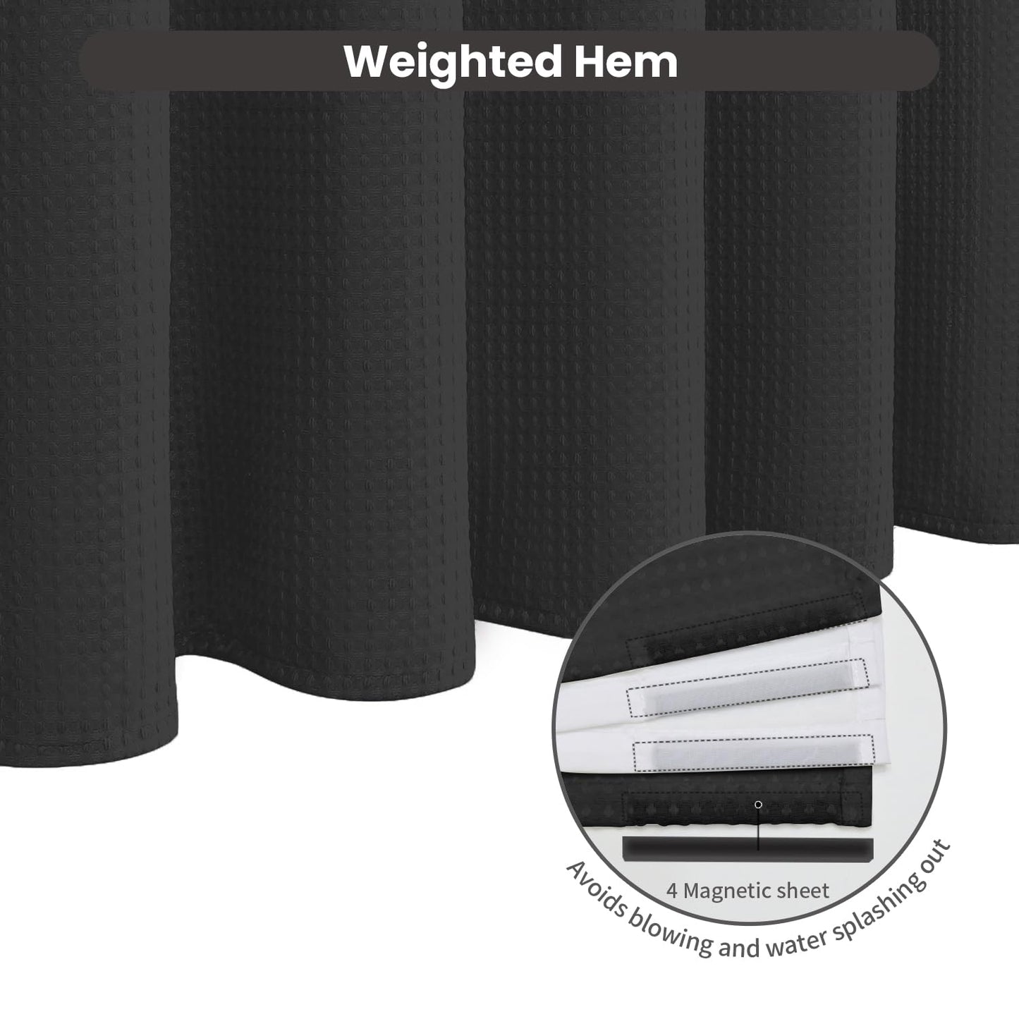 Inhousolu No Hook Shower Curtain with Removable Snap-in Liner, Waffle Weave 230 GSM Polyester, Weighted Hem, Water Repellent Washable, 72 x 72 Inch, Black