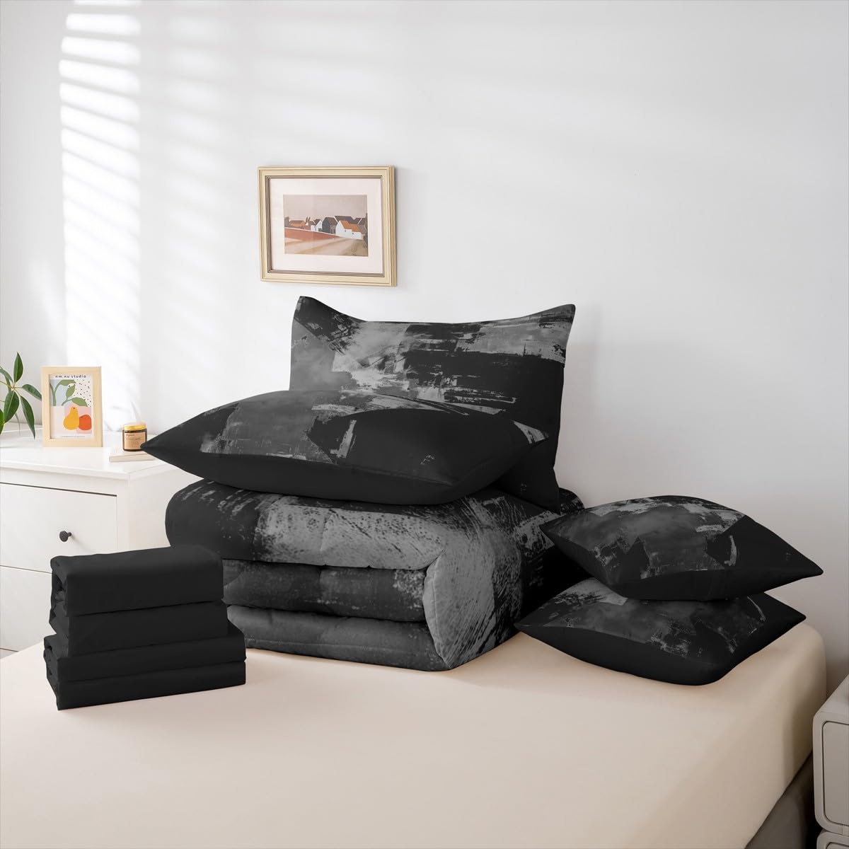 Feelyou Abstract Comforter Set with Sheets 7 Piece King Size Modern Abstract Art Bed in a Bag Kids Boys Girls Luxury Bedding Set Geometric Bedroom Decor Gray and Black Soft Lightweight Microfiber