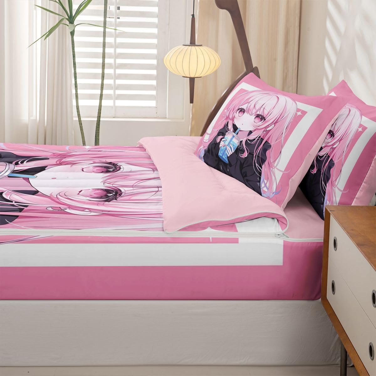 Erosebridal Kawaii Japanese Style Kids Comforter Set with Zipper, Anime Girl Drinking Milk Tea Twin Size Zipper Bedding Set, Japanese Animation Bed-in-A-Bag